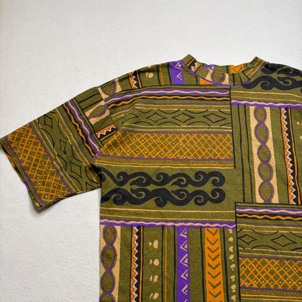 Staff T-Shirt Mens XL Green Vintage 80s Abstract Tribal Geometric Print Cotton